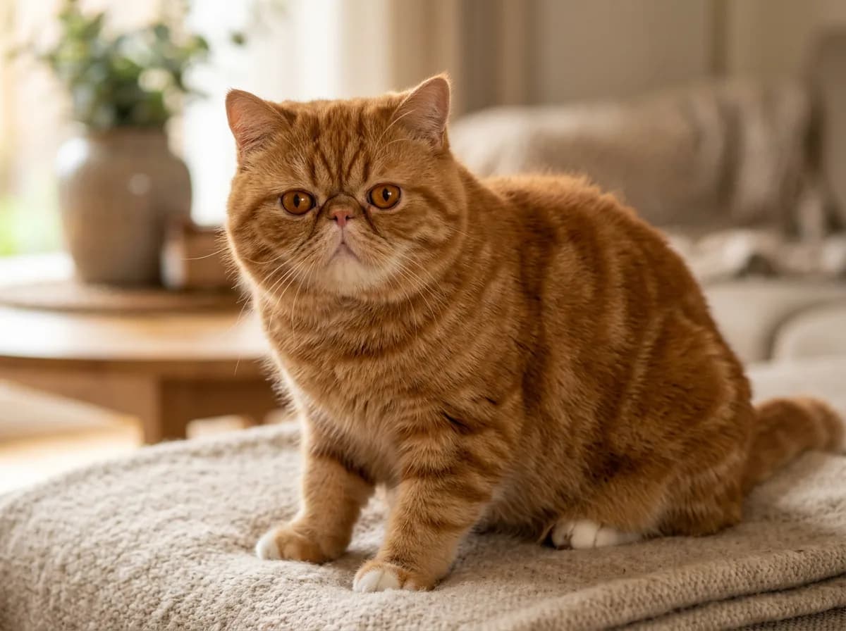 Orange red Exotic Shorthair cat with a flat face resembling a real-life Garfield