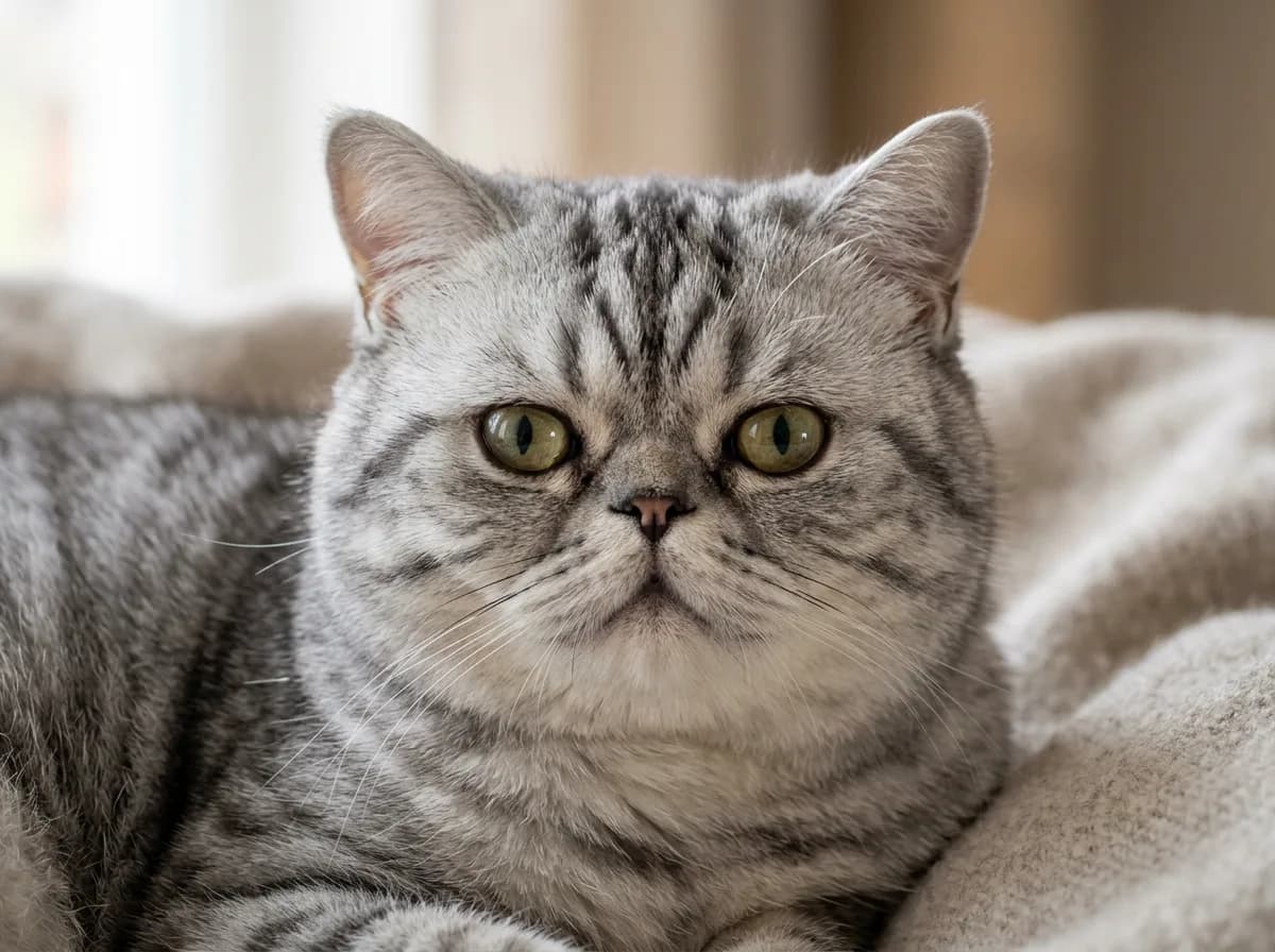 Silver tabby Exotic Shorthair showing dense short fur and classic swirl markings