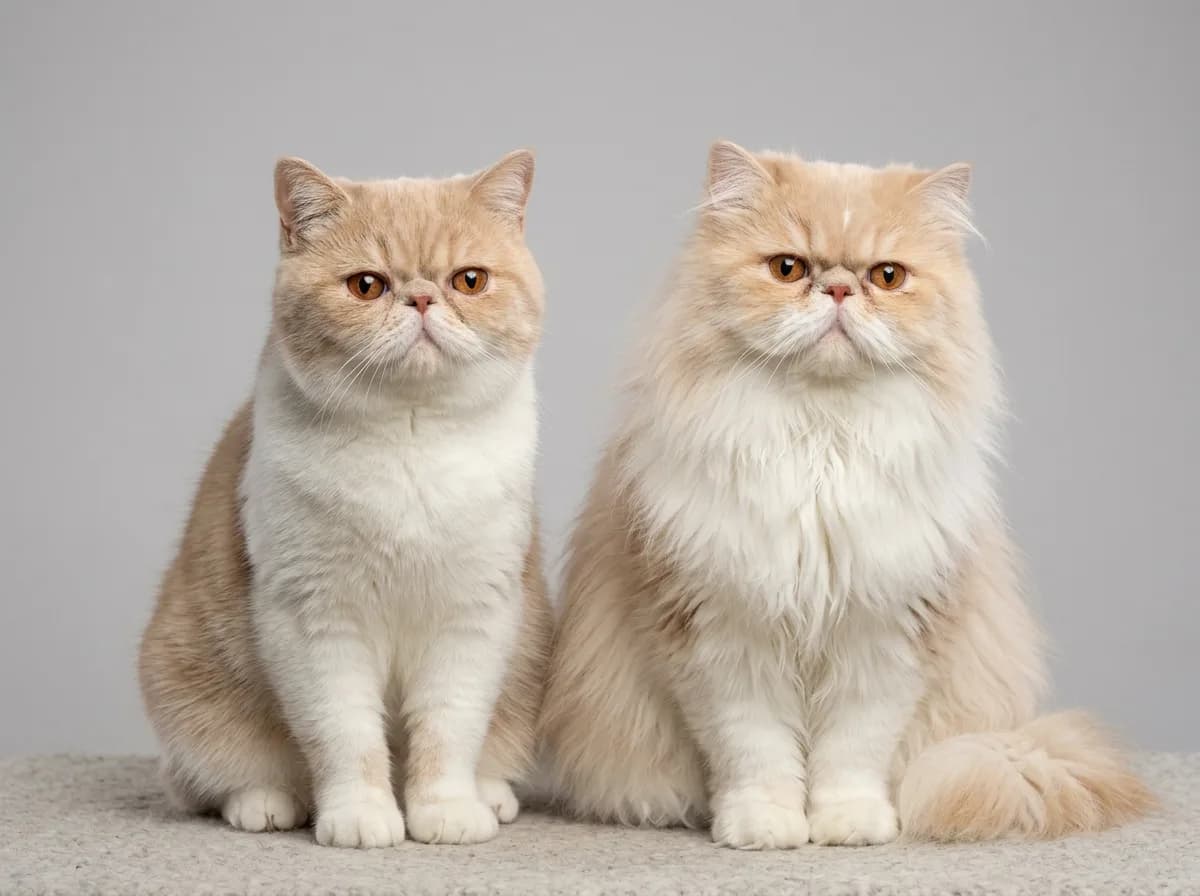 Exotic Shorthair with a short coat sitting beside a long-haired Persian for coat comparison