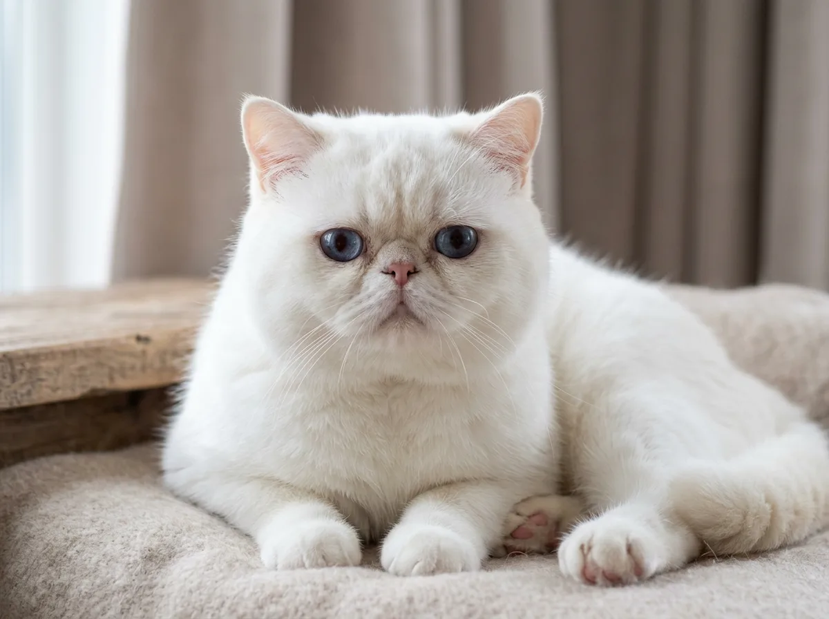 Pure white Exotic Shorthair cat with blue eyes and a short plush coat