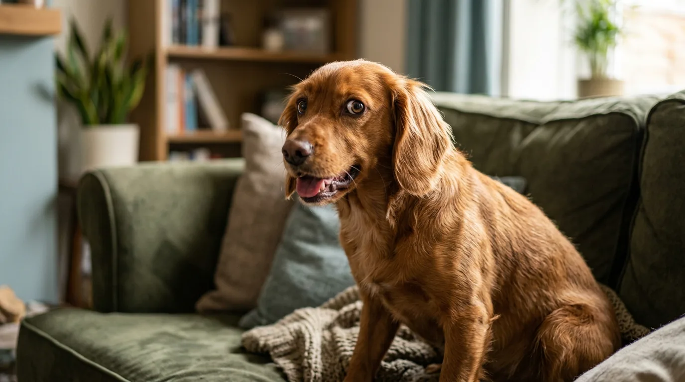 Anxious dog showing stress signals including panting, wide eyes, and trembling