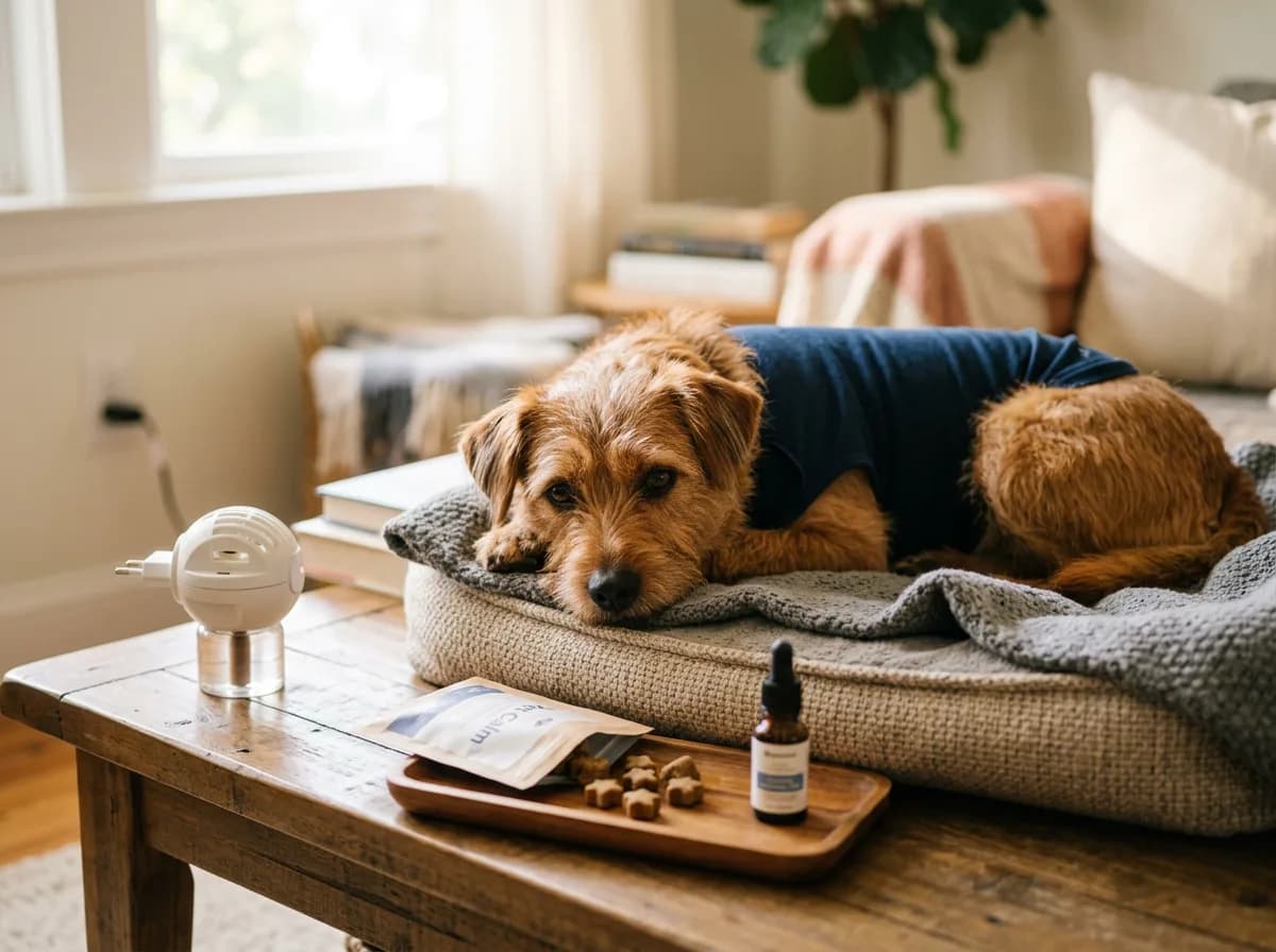 Various dog anxiety treatment options including calming treats, diffusers, and anxiety wraps