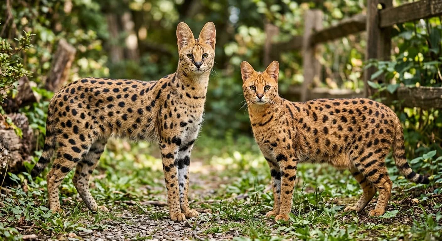 A larger, leggier F1 Savannah cat with very tall serval-like ears beside a slightly smaller, stockier F2 Savannah with bold spotting, both standing