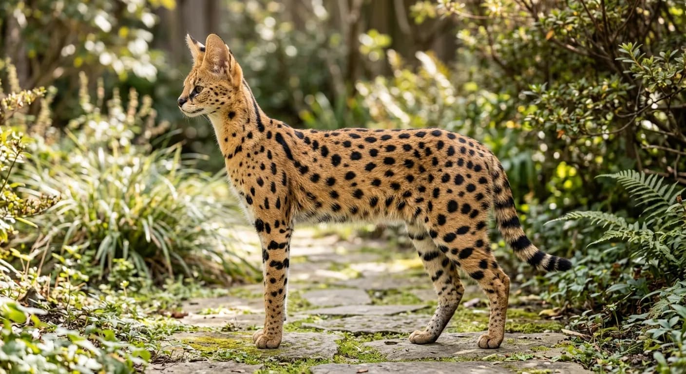 A tall, long-legged F1 Savannah cat standing in profile, showing serval-like oversized ears, an elongated neck, and bold black spotting on a golden coat