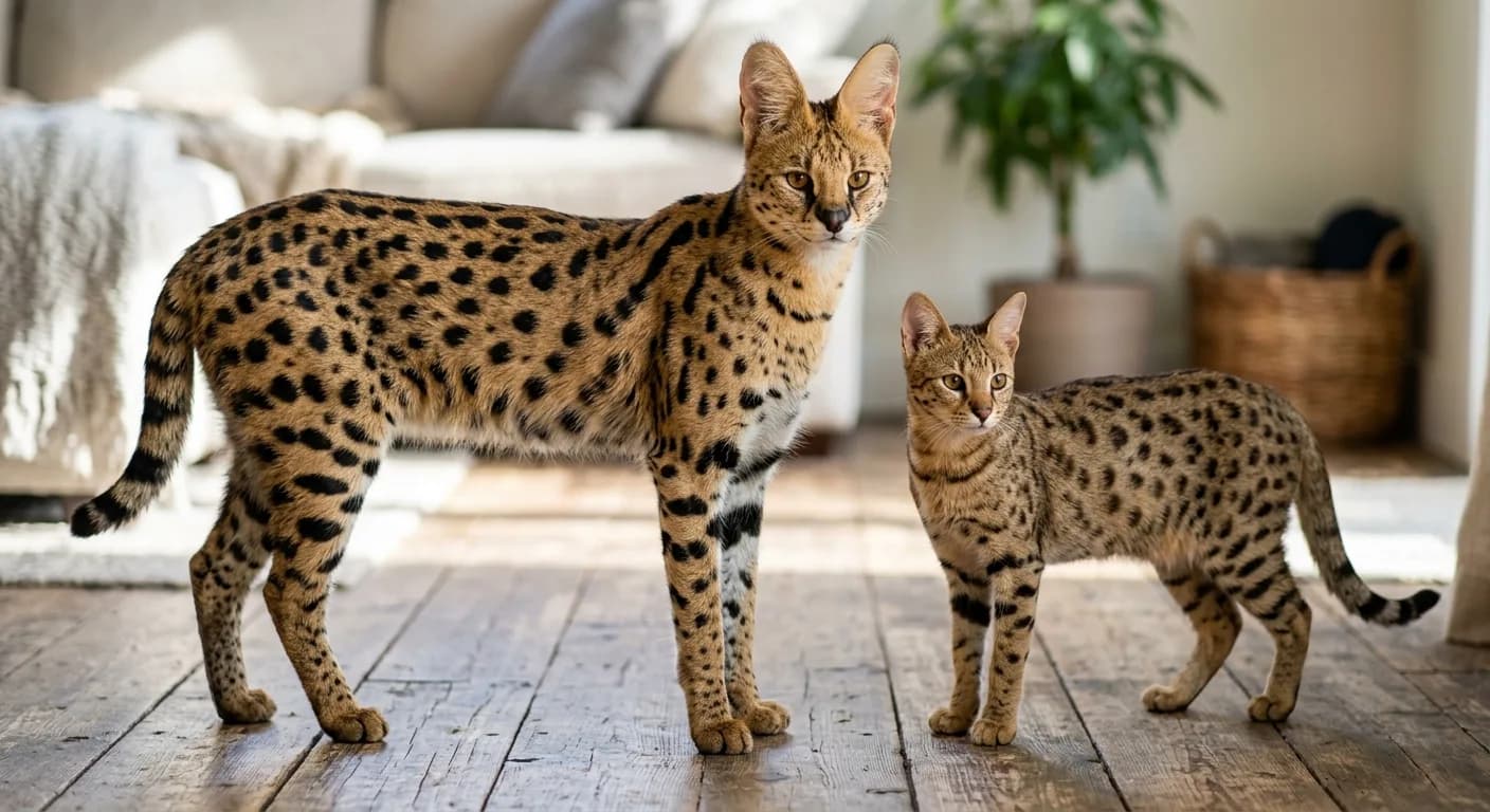 Side-by-side comparison of a large serval-like F1 Savannah with very tall ears next to a smaller F5 Savannah that looks like a spotted domestic cat