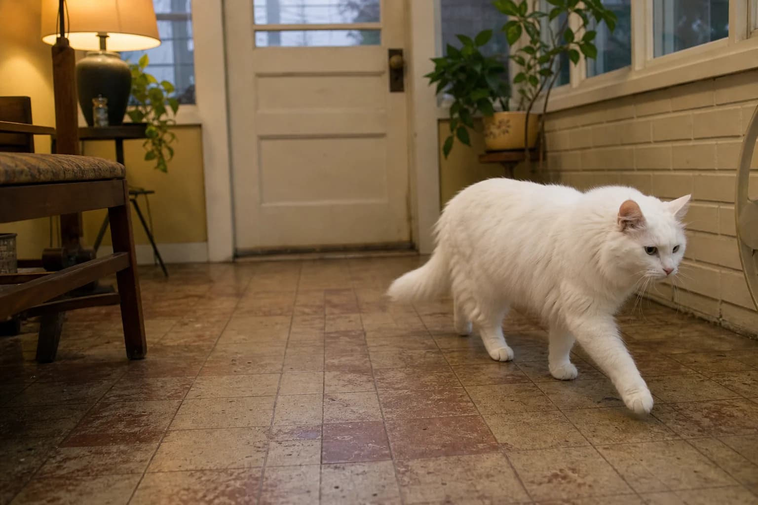 A white longhaired adult cat walking across the worn tile of a lived-in sunroom.