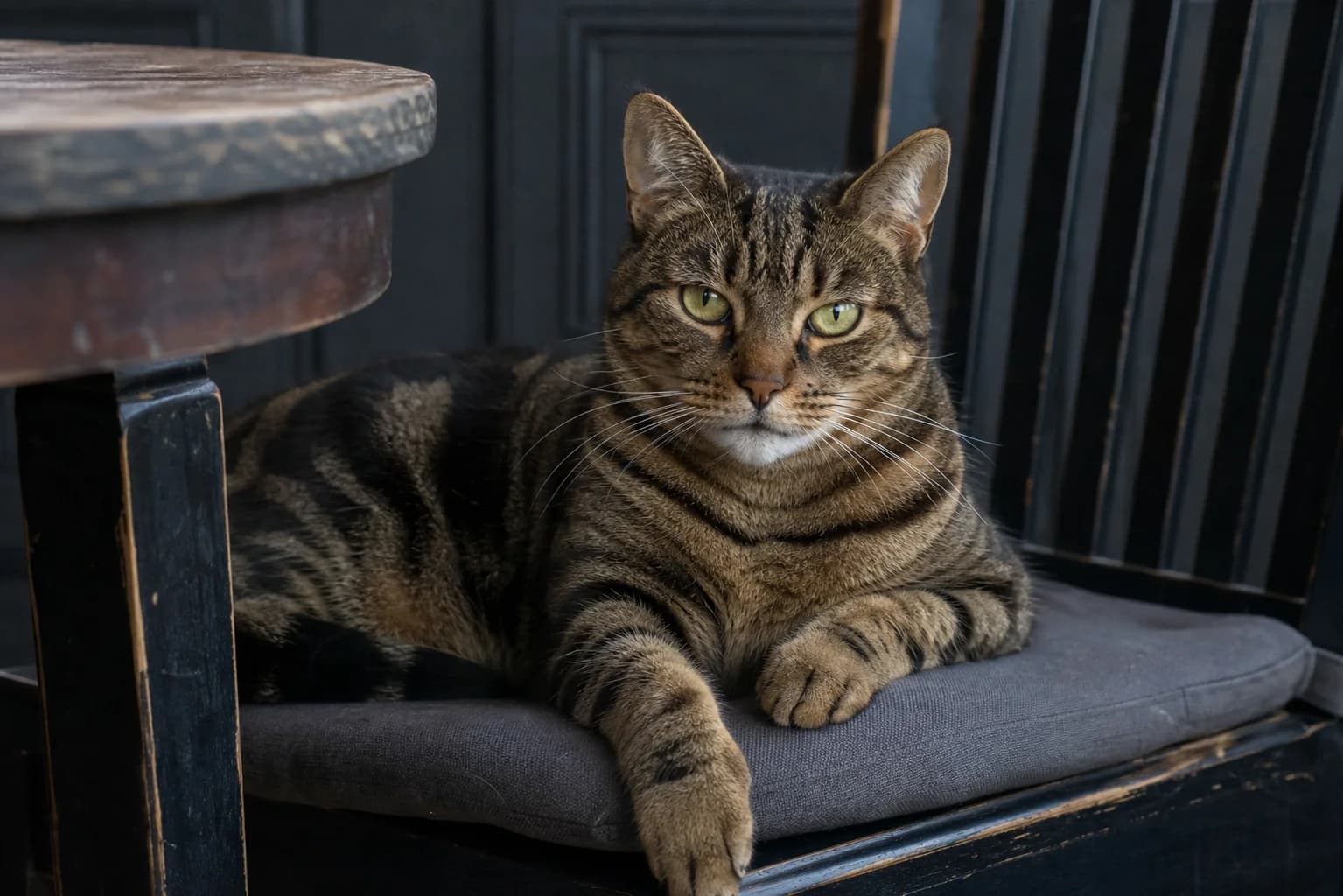 A sturdy brown classic-tabby adult cat relaxing on a worn dining chair.