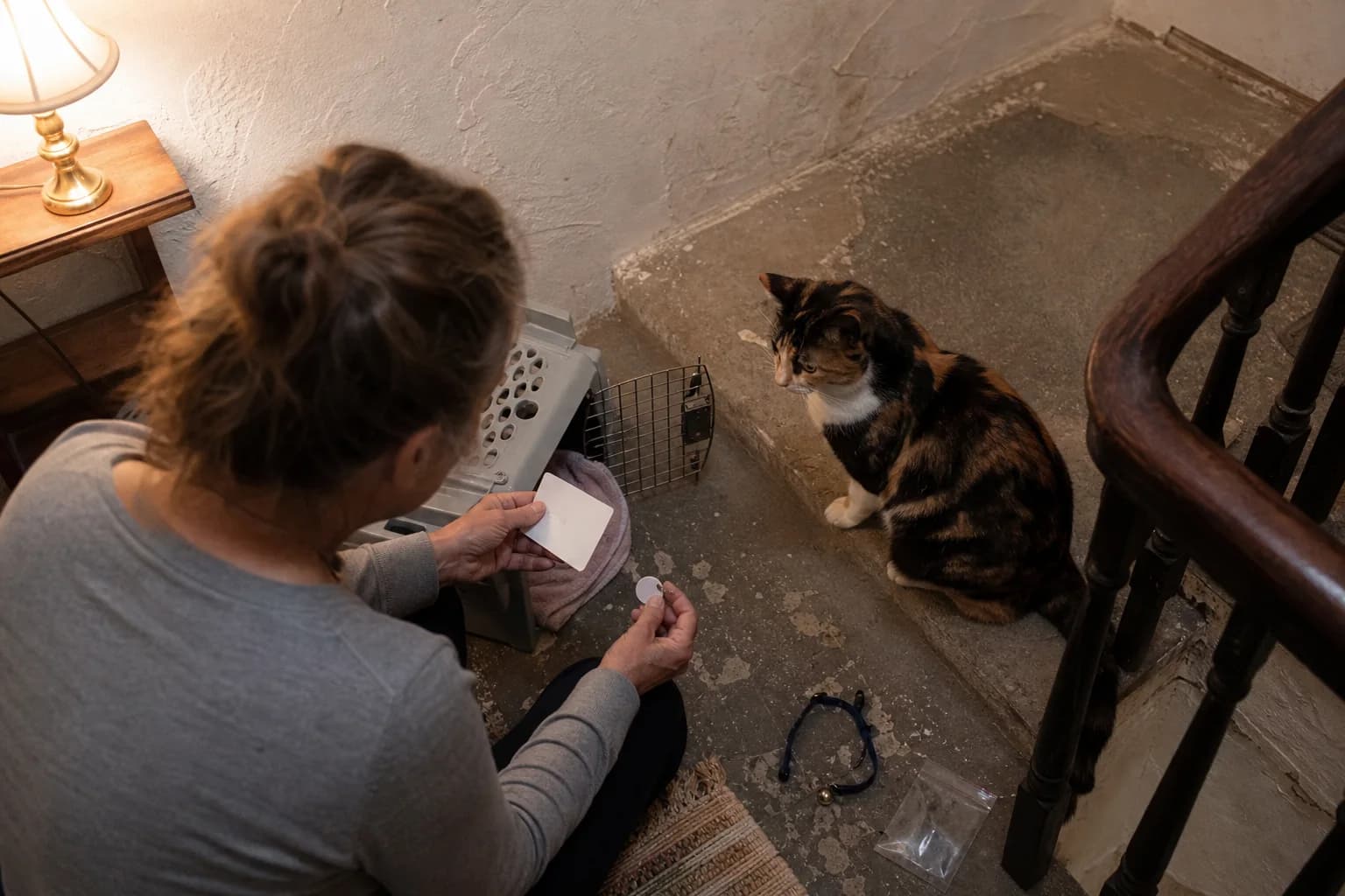 A caregiver holds a blank carrier card and ID tag beside a calico cat on an old stair landing.