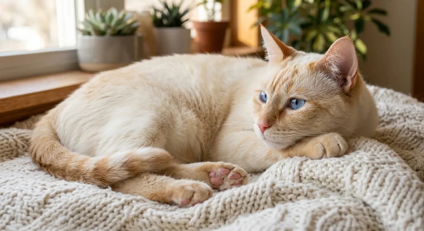A flame point Siamese cat with creamy fur and apricot-red points lounging on a soft blanket, with a pink nose and blue eyes