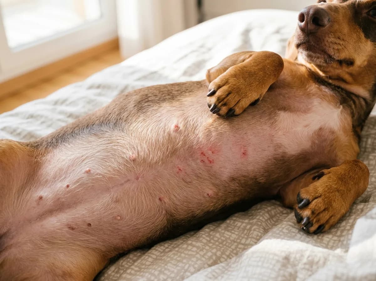 Short-haired dog lying on its back on a bed, exposed belly showing scattered small red flea-bite bumps on the skin.