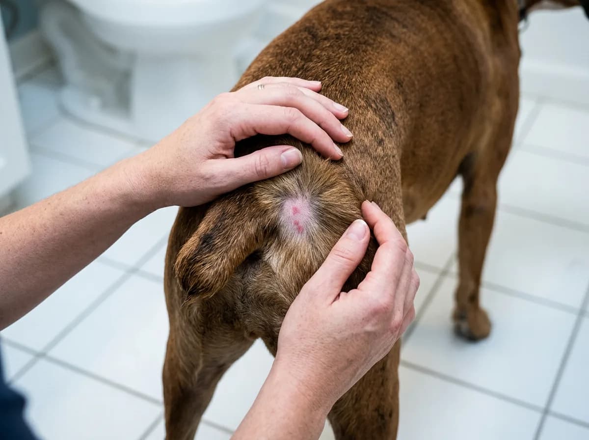 Two hands part the fur on a brown dog's hind leg in a bathroom, revealing a small red irritated bald spot on the skin.