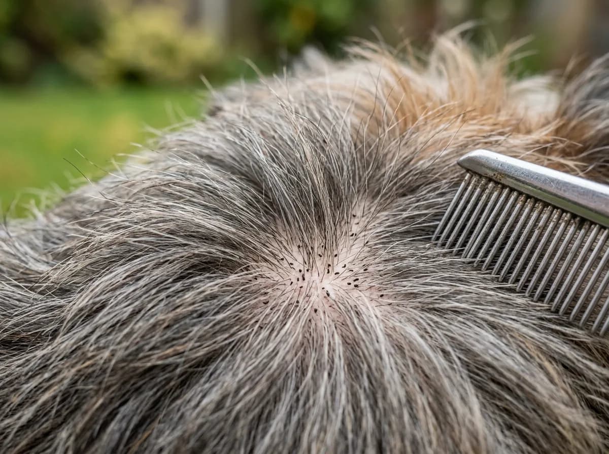 Macro close-up of a dog's coat parted to the skin, showing a cluster of tiny black flea-dirt specks beside a metal flea comb.