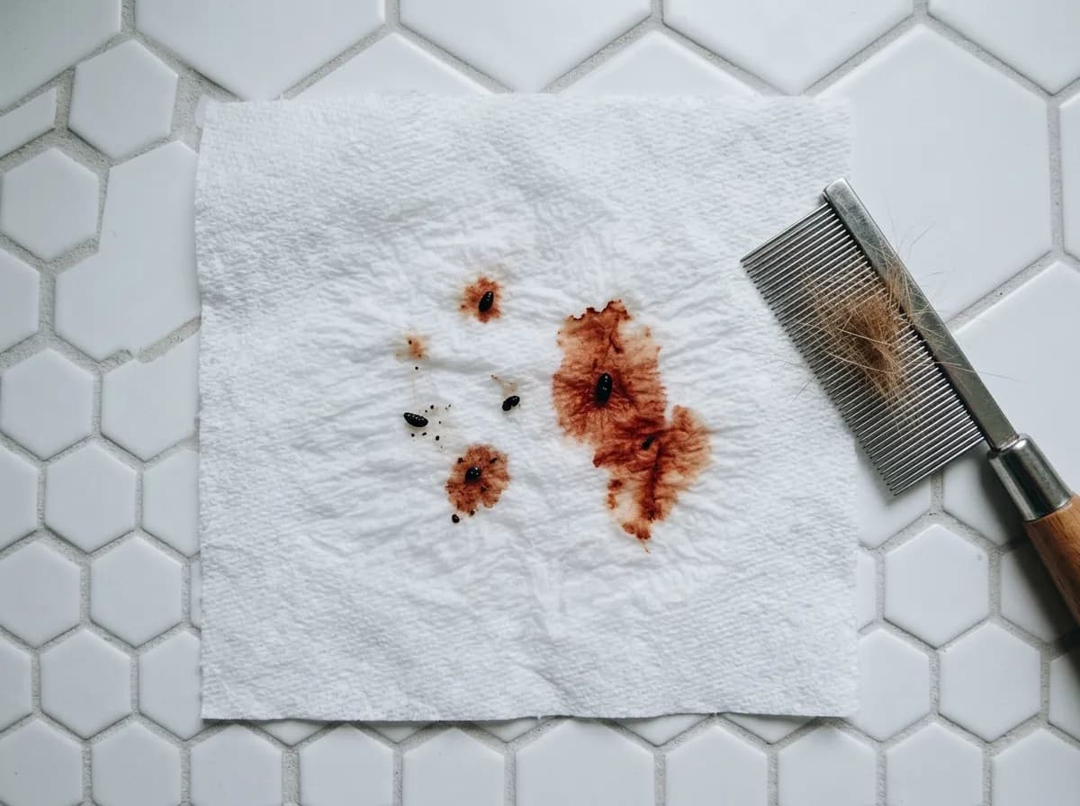 White paper towel with reddish-brown blooms and dark specks beside a metal flea comb holding dog hair, showing the flea-dirt test.