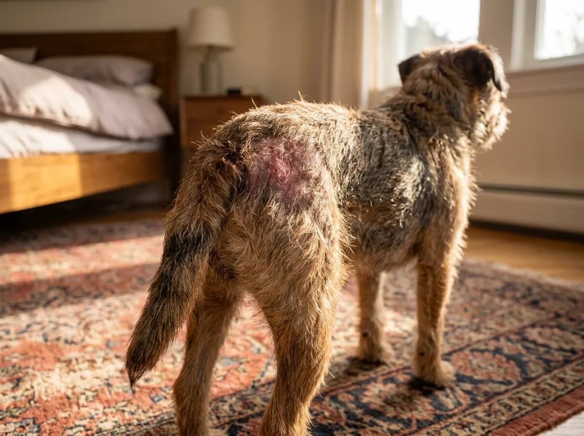 Rear view of a shaggy terrier standing on a patterned rug in a bedroom, with a large raw red hairless patch on its lower back.