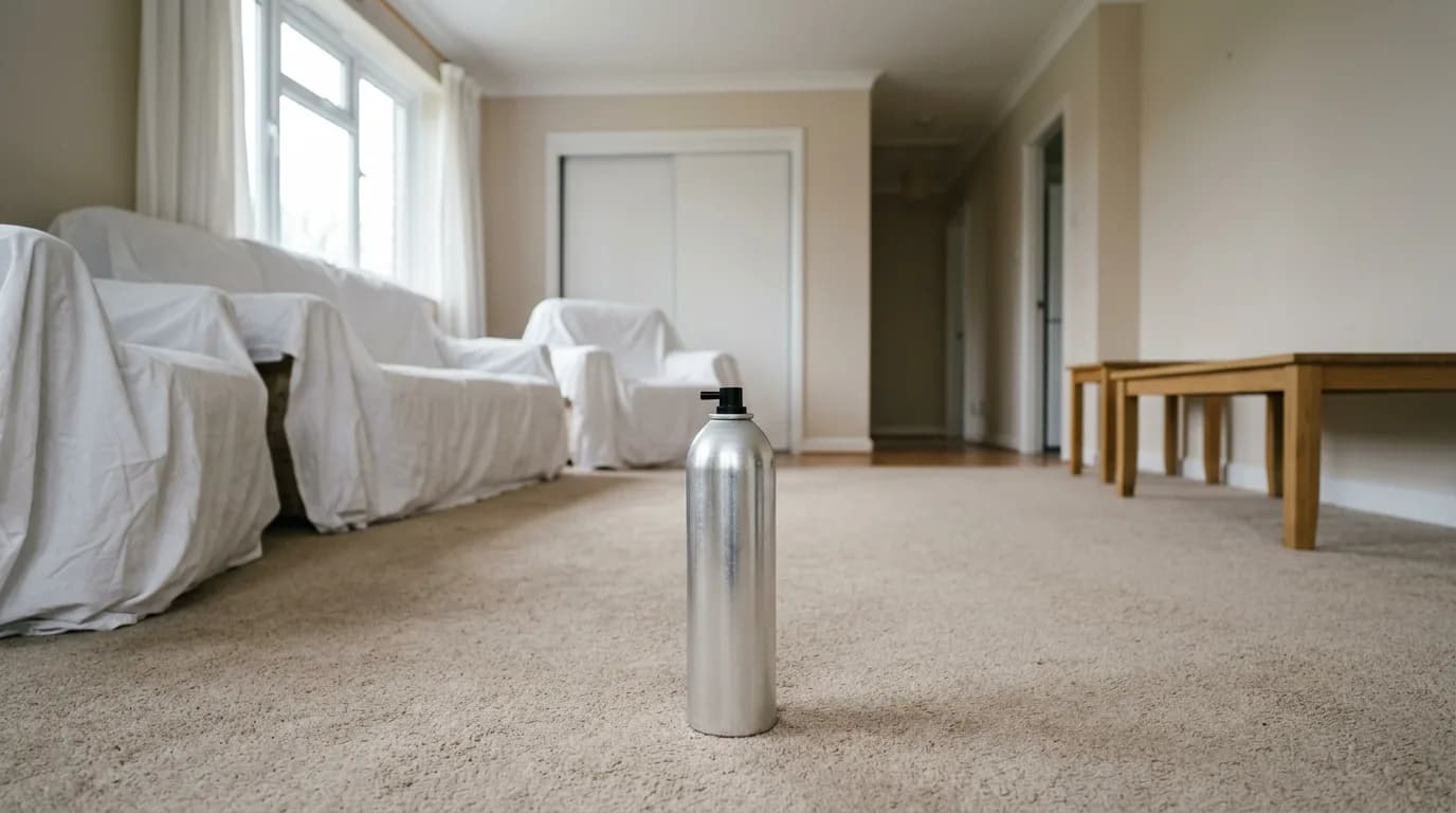 Unlabeled silver aerosol fogger canister standing on beige carpet in a room with sheeted furniture