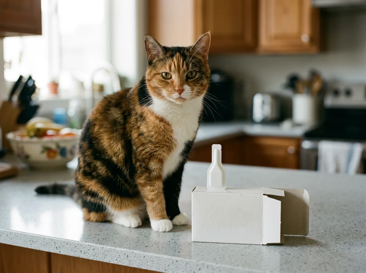 Calico cat sitting on a kitchen counter beside a plain white carton and a white spot-on flea treatment applicator vial.