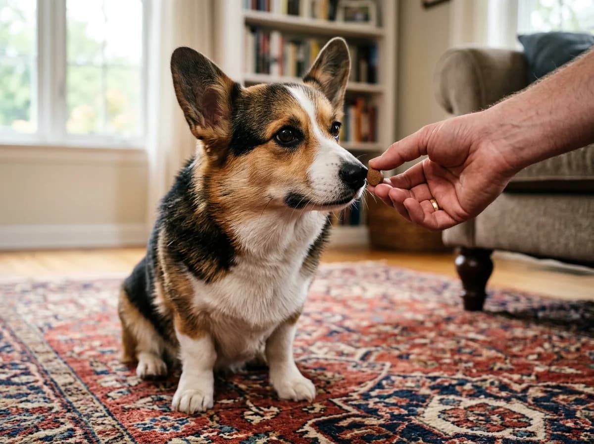 A tri-color Corgi sits on a patterned rug as a person's hand offers a small brown chew tablet indoors.