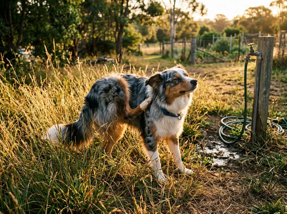 A blue merle Australian Shepherd scratches its neck with a hind leg in a grassy rural yard near a garden tap at sunset.
