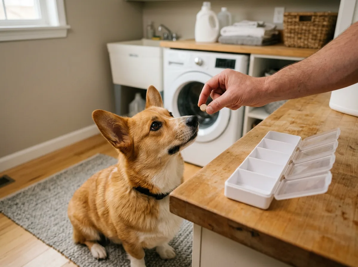A person offers a chewable tablet to an attentive corgi in a laundry room, with an empty-compartment pill case on the counter.