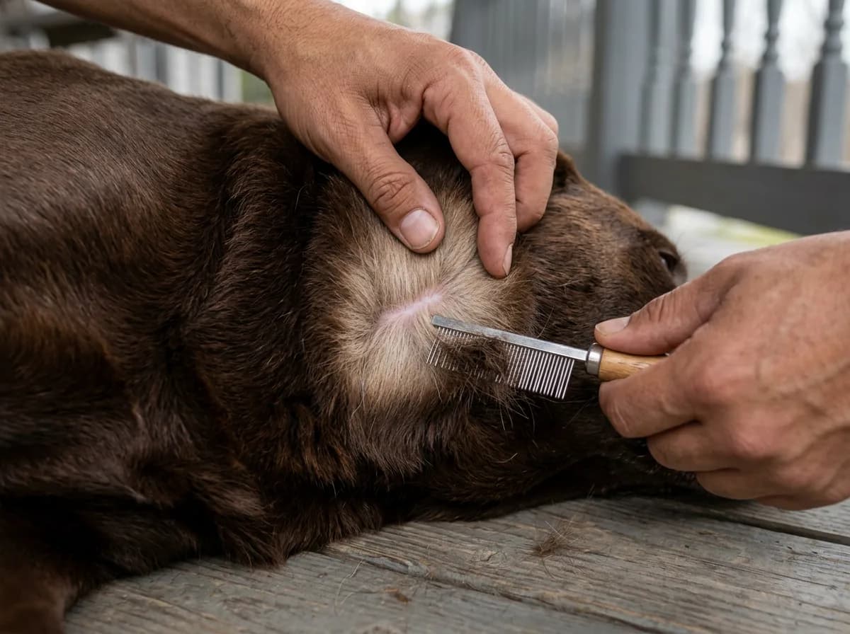 Two hands part a chocolate Labrador's fur to expose a bare patch of skin while running a metal flea comb through the coat.