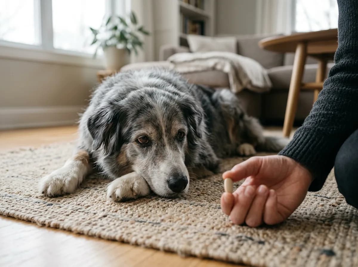 An older gray and white dog lies on a woven rug indoors while a person's hand holds out a small oval tablet.