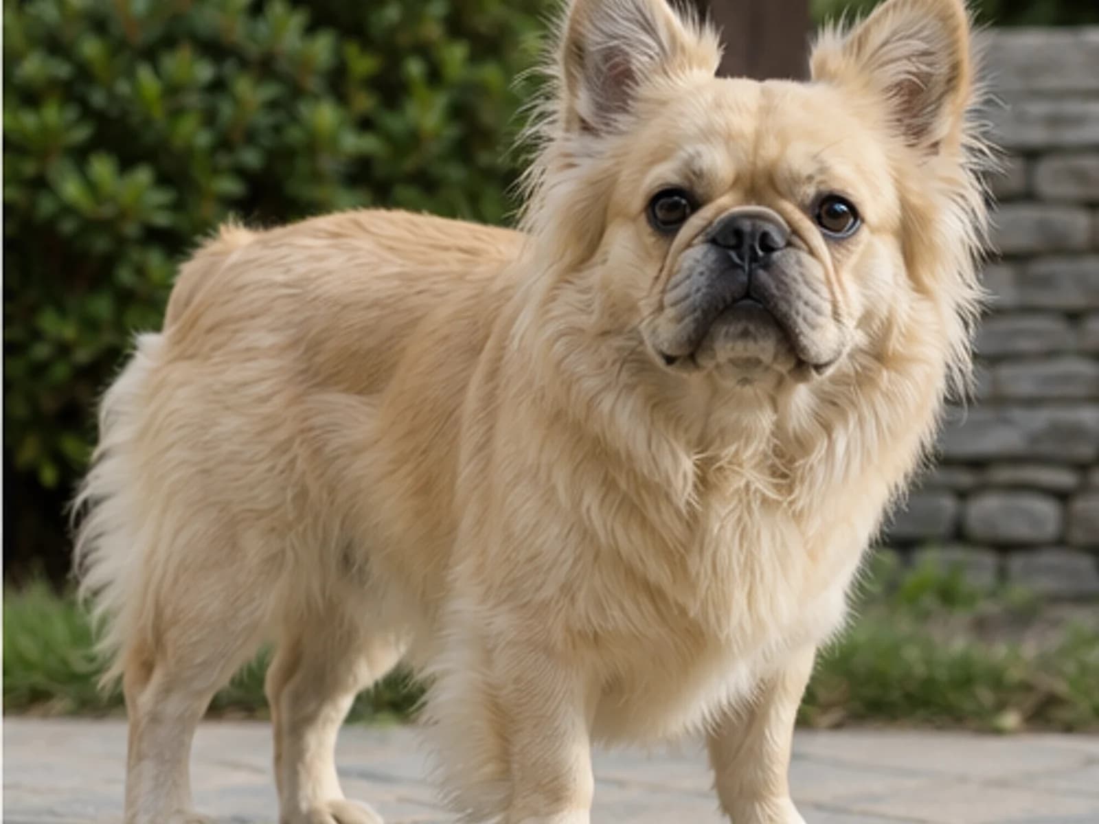 long-haired fawn French Bulldog standing naturally, accurate coat texture and body proportions