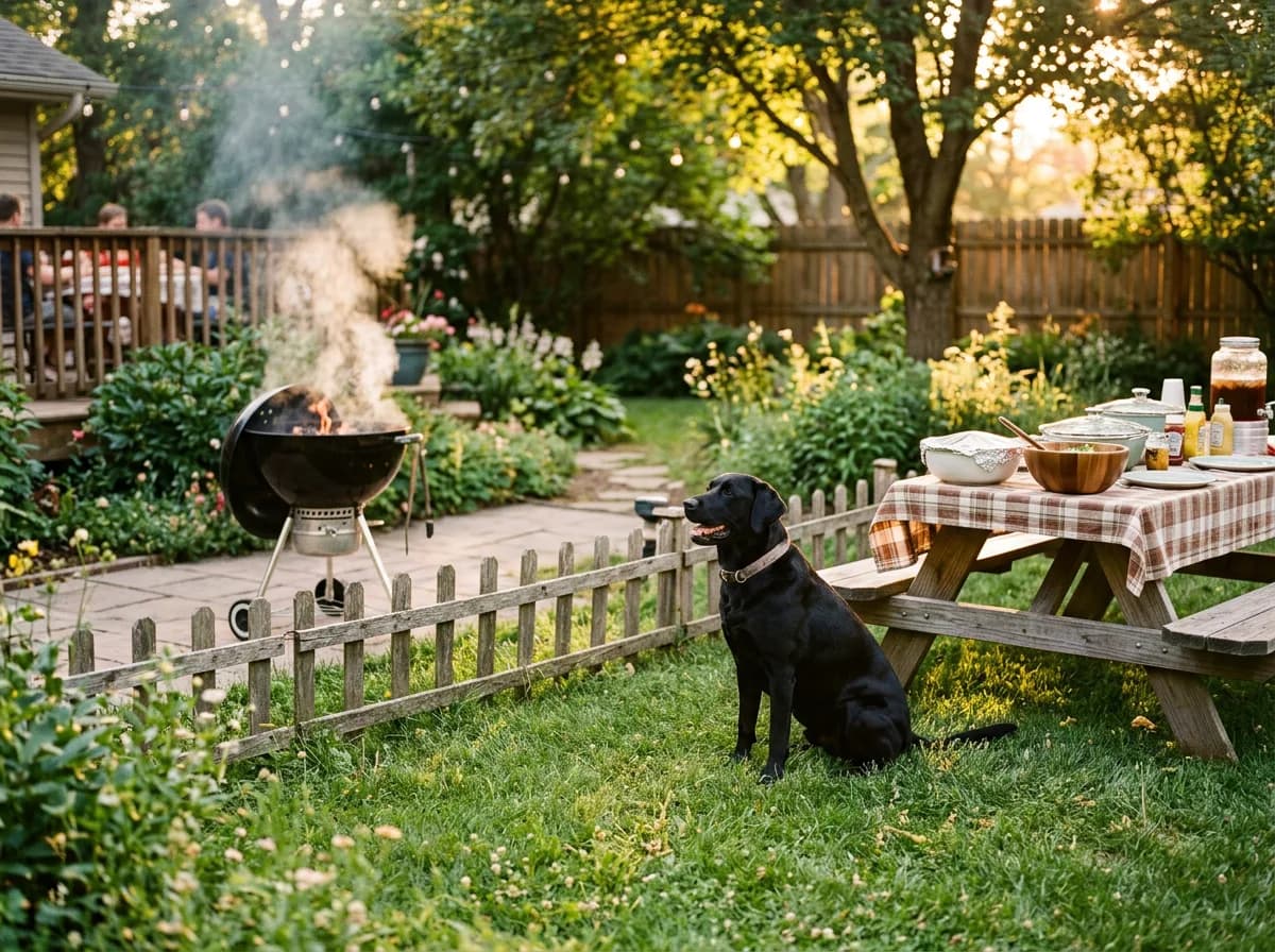A black Labrador sits behind a low fence at a safe distance from a backyard grill and picnic table