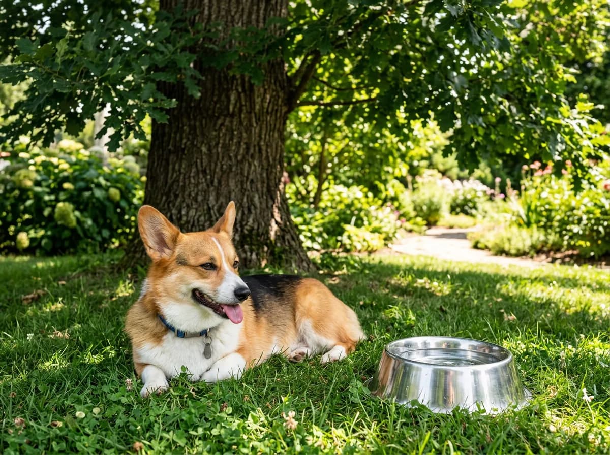 A corgi rests in cool tree shade beside a full bowl of water on a hot sunny day