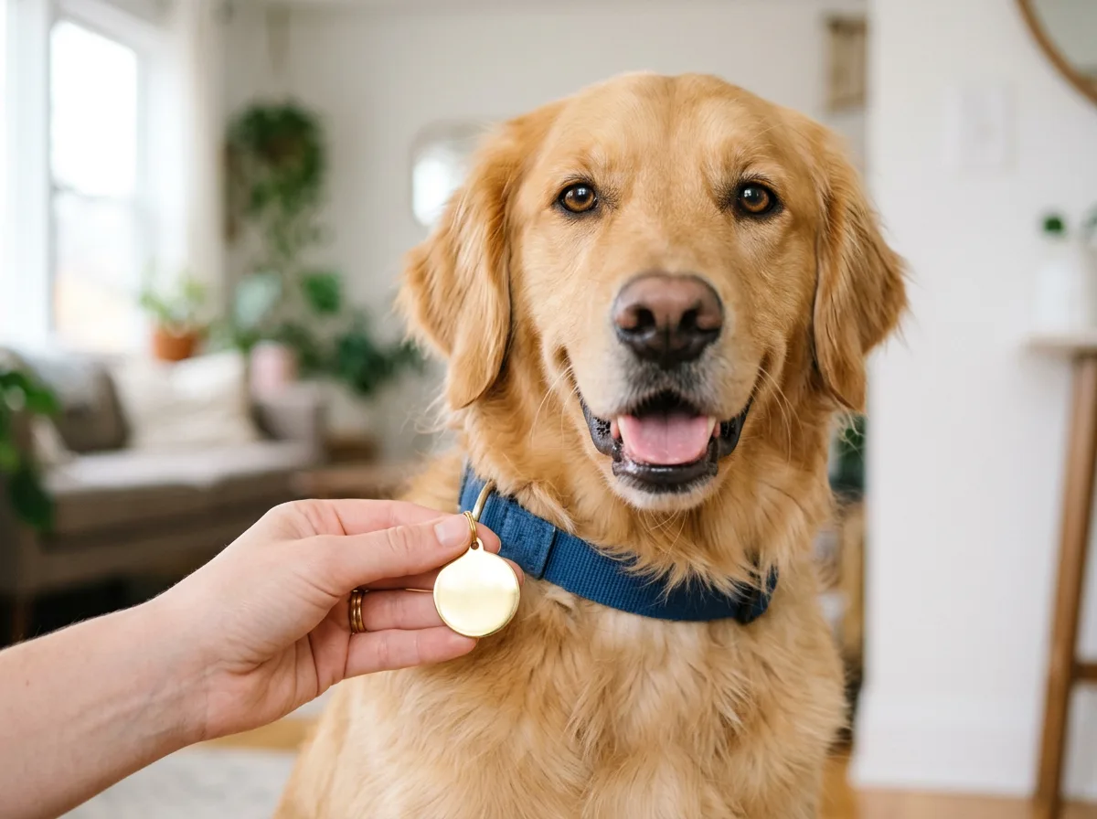 A golden retriever wears a collar with an ID tag while an owner checks the tag in a bright home