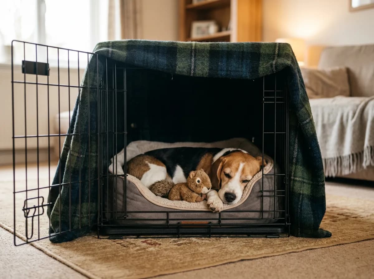 A beagle rests calmly inside a blanket-covered crate set up as a cozy safe den in a quiet room