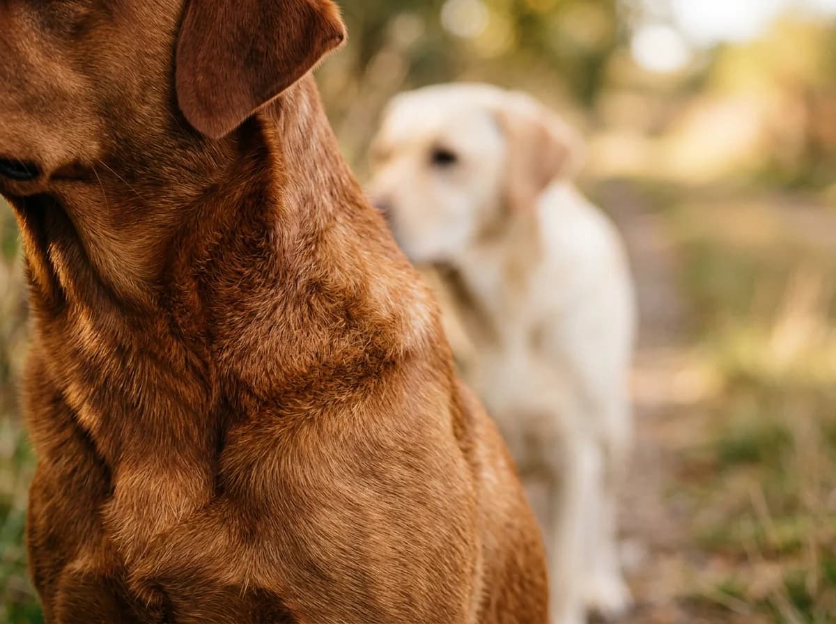 a fox red (deep russet) Labrador retriever illustrating Fox Red vs. Yellow: One Coat Color on a Sliding Scale