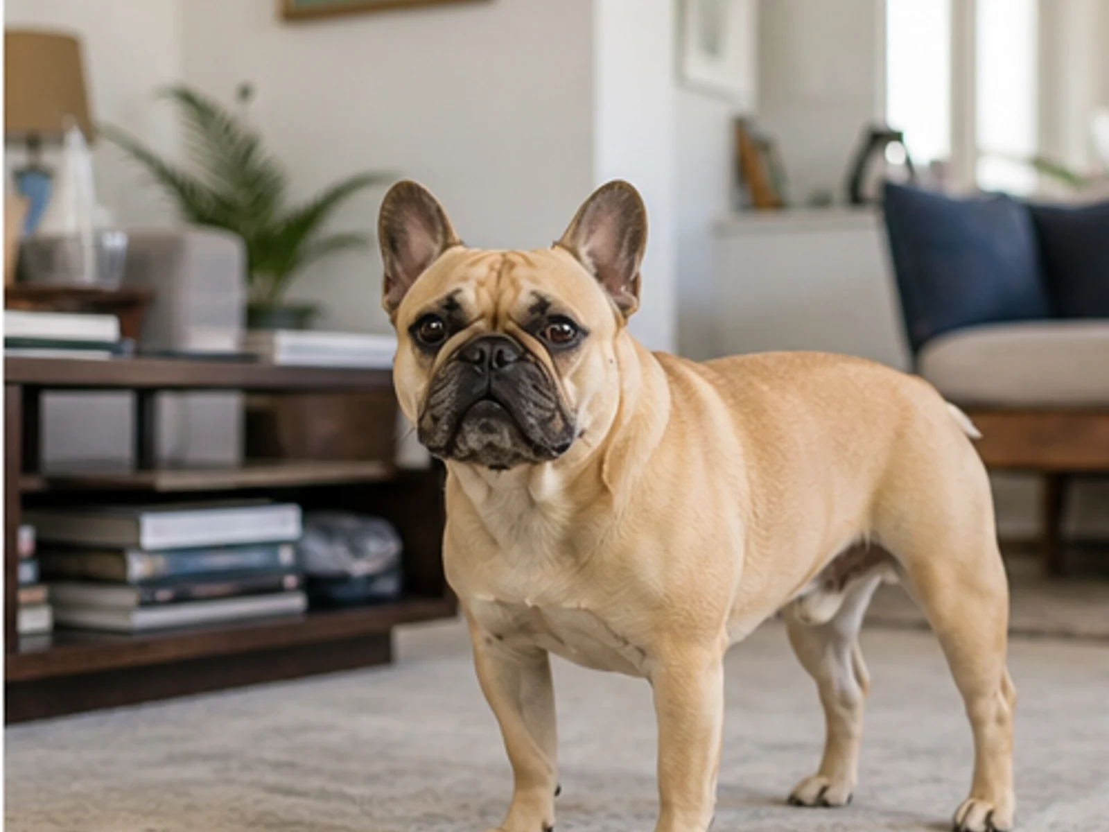 adult fawn French Bulldog standing naturally in a bright home, correct compact proportions
