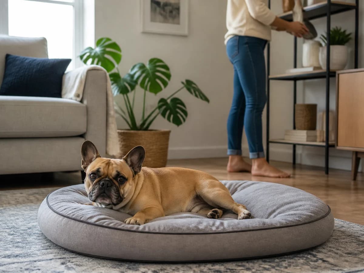 Show a French Bulldog settled near ordinary household activity without staged restraint or costume