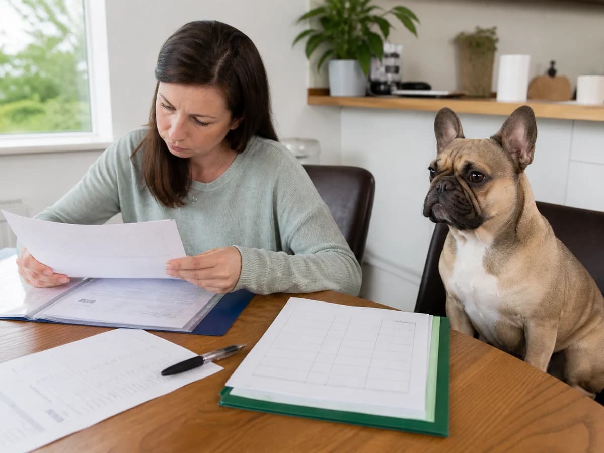 Show a buyer comparing identity, veterinary and contract records at the decision point