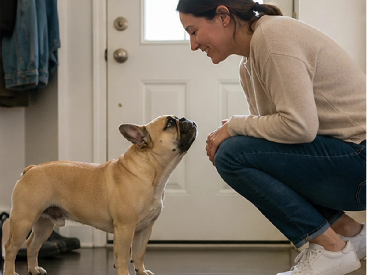 Adult French Bulldog calmly greeting a family member without staged hugging