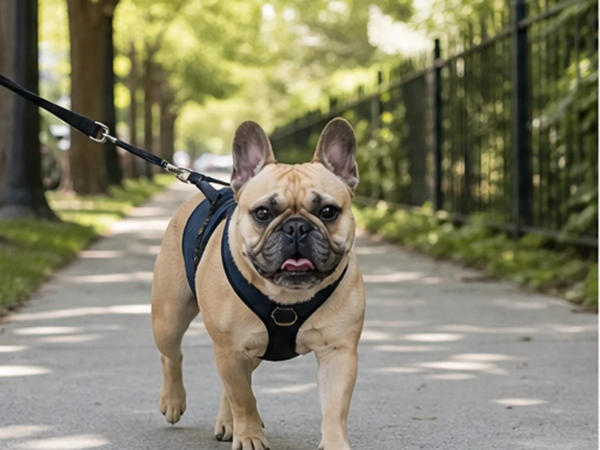 French Bulldog on a shaded short walk in a well-fitted harness