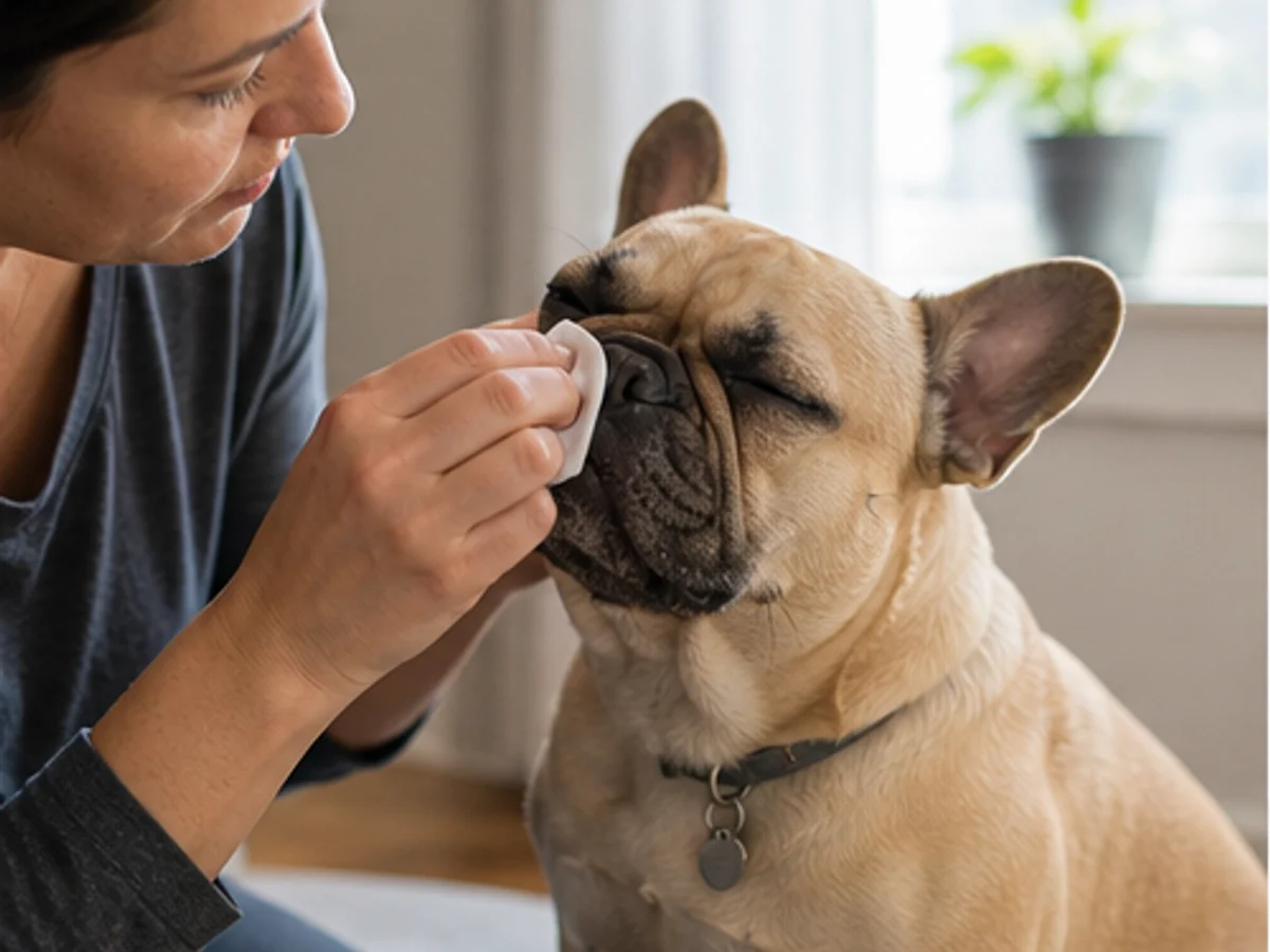 Owner gently cleaning facial folds in natural window light