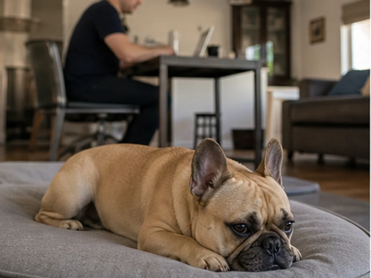 French Bulldog resting near normal family activity in an apartment
