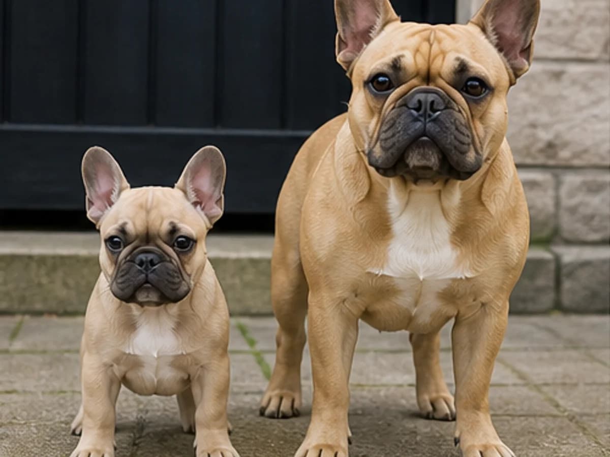 Same-angle comparison of a young puppy and healthy adult French Bulldog