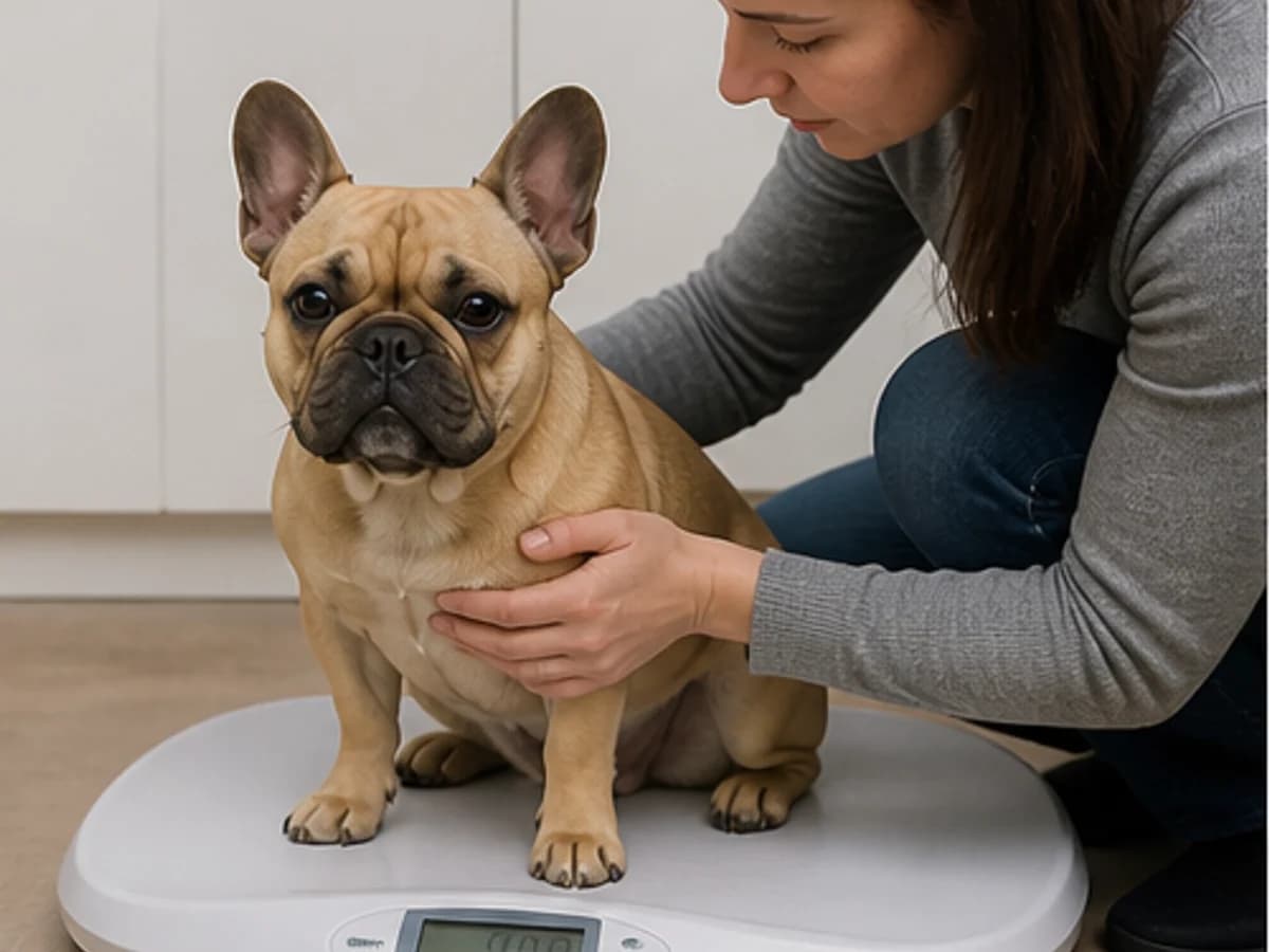 Owner weighing a calm French Bulldog on a digital pet scale