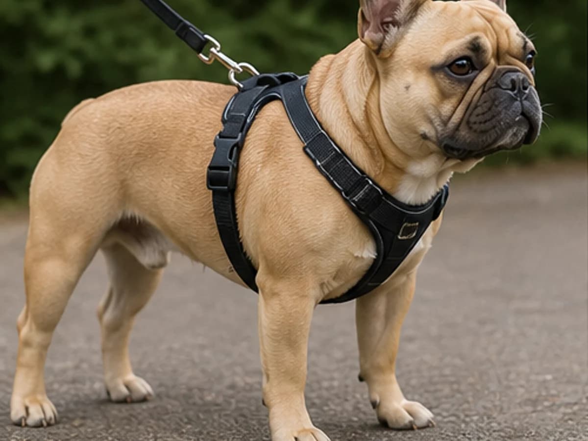 Adjustable harness fitted correctly on an adult French Bulldog