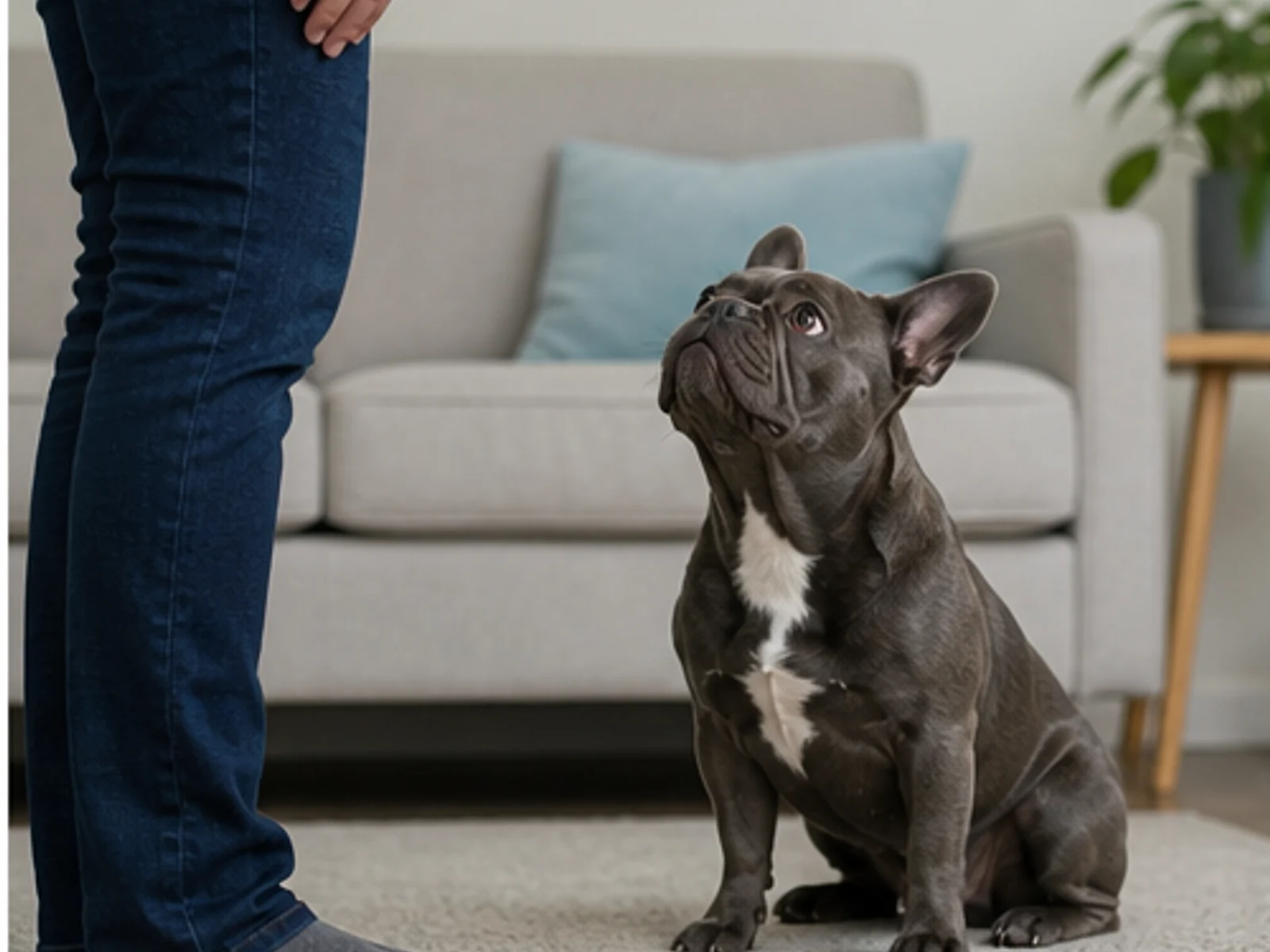 attentive adult French Bulldog beside a handler in a quiet home