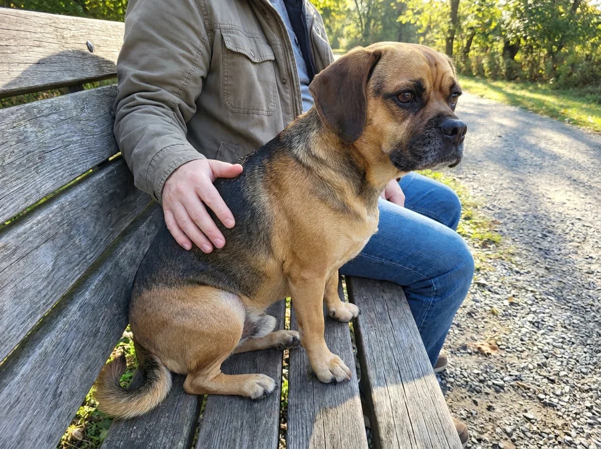 Adult Puggle sitting beside a person on a bench