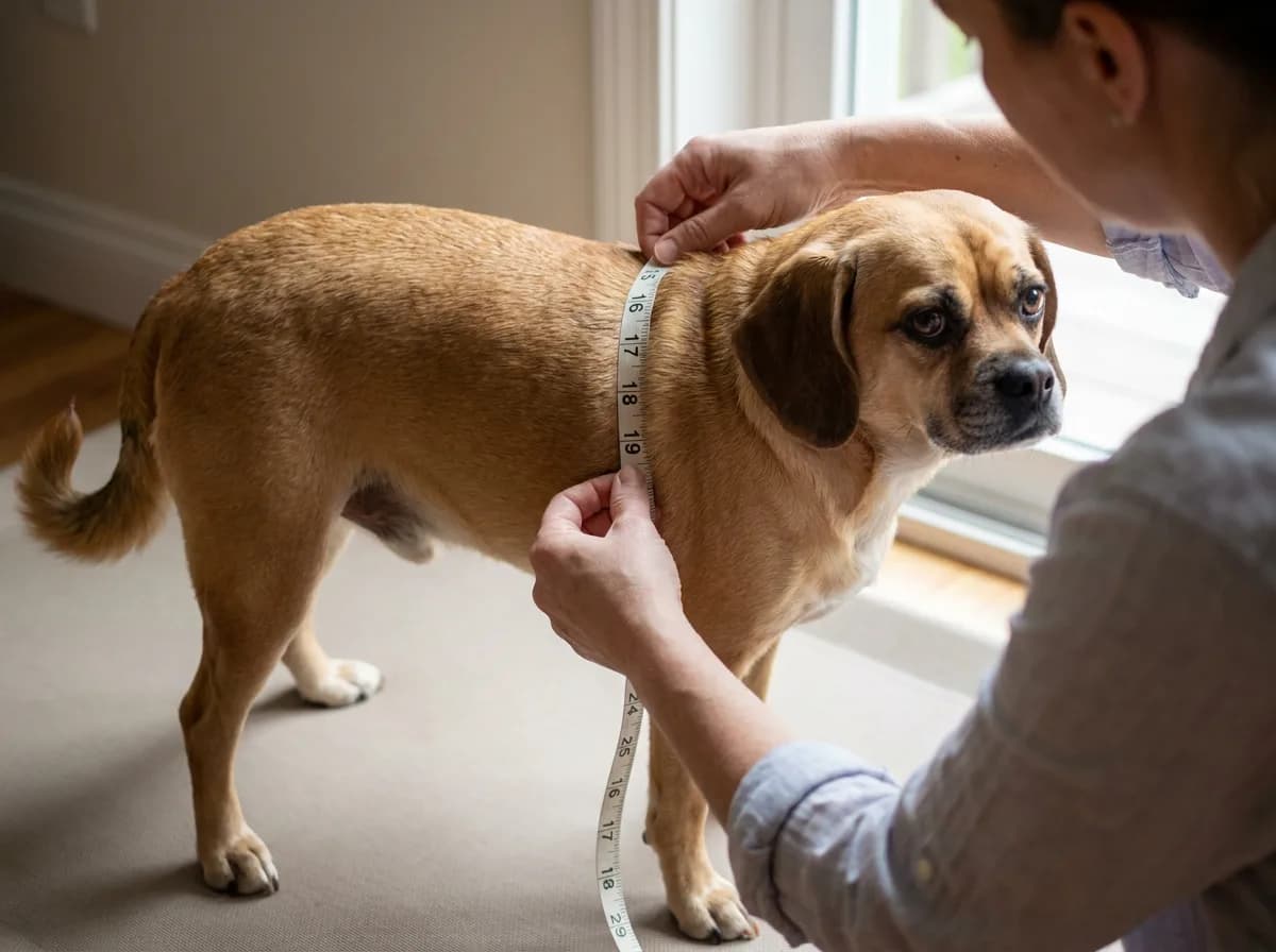 A person using a flexible tape around a standing Puggle’s chest