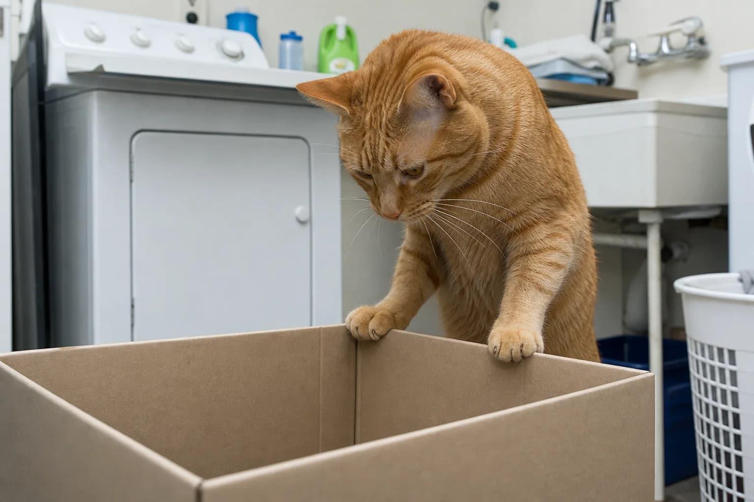 An orange tabby cat looking into a plain cardboard box in a laundry room.