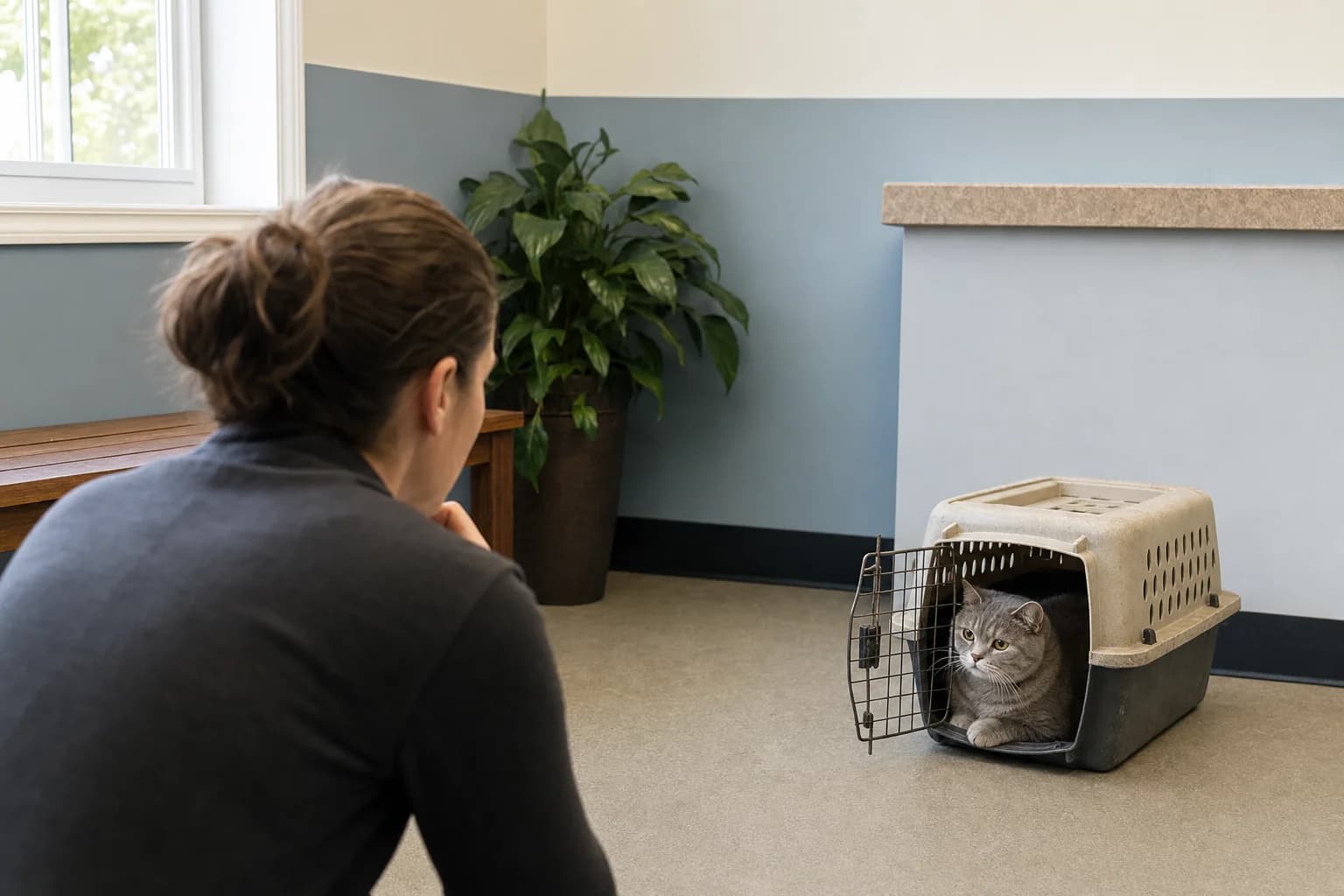 A round-faced gray cat rests in an open carrier while a caregiver speaks in a veterinary waiting alcove.