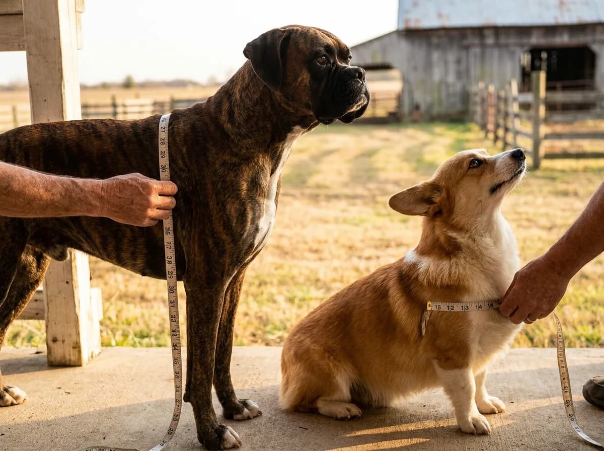 Side-by-side of a deep-chested boxer and a long-backed corgi, each with a tape measure at the chest, showing why the same food suit fits one and not the other