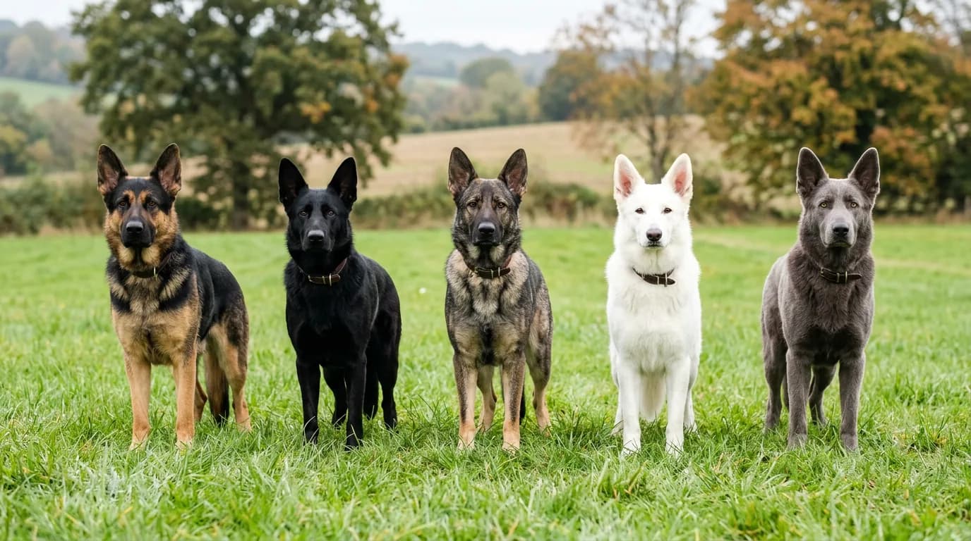 a side-by-side lineup of five adult German Shepherds standing on a grassy field, each a distinctly different coat color (black and tan saddle, solid black,