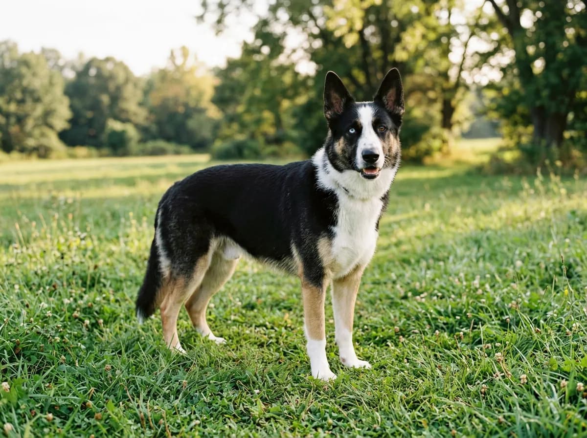 a panda German Shepherd standing on green grass, black-and-tan base coat with a bold white blaze, white chest, collar, and paws, one blue and one brow