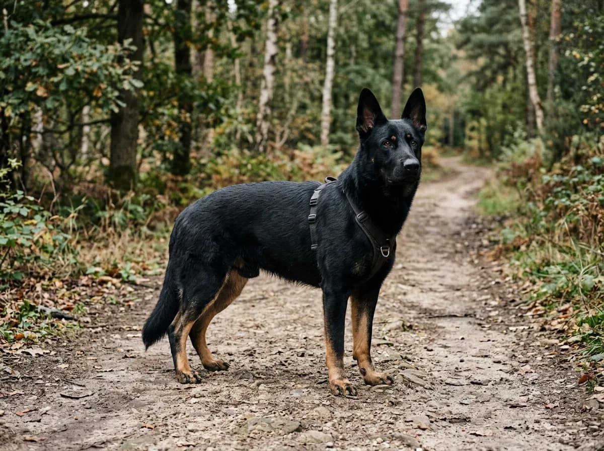 a bi-color German Shepherd standing on a dirt path, almost entirely black with small tan points on the lower legs and above the eyes, working-dog buil